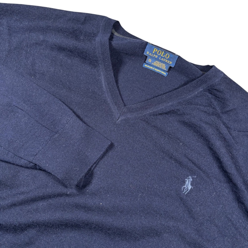 Polo Ralph Lauren Men V Neck Sweater Washable Merino‎ Wool XXL Blue Preppy